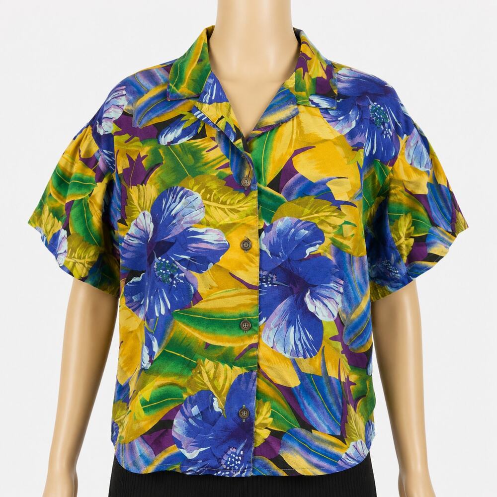 Vintage Bianca Hawaiian Button Front Blouse Women's M Blue Floral Short Sleeve